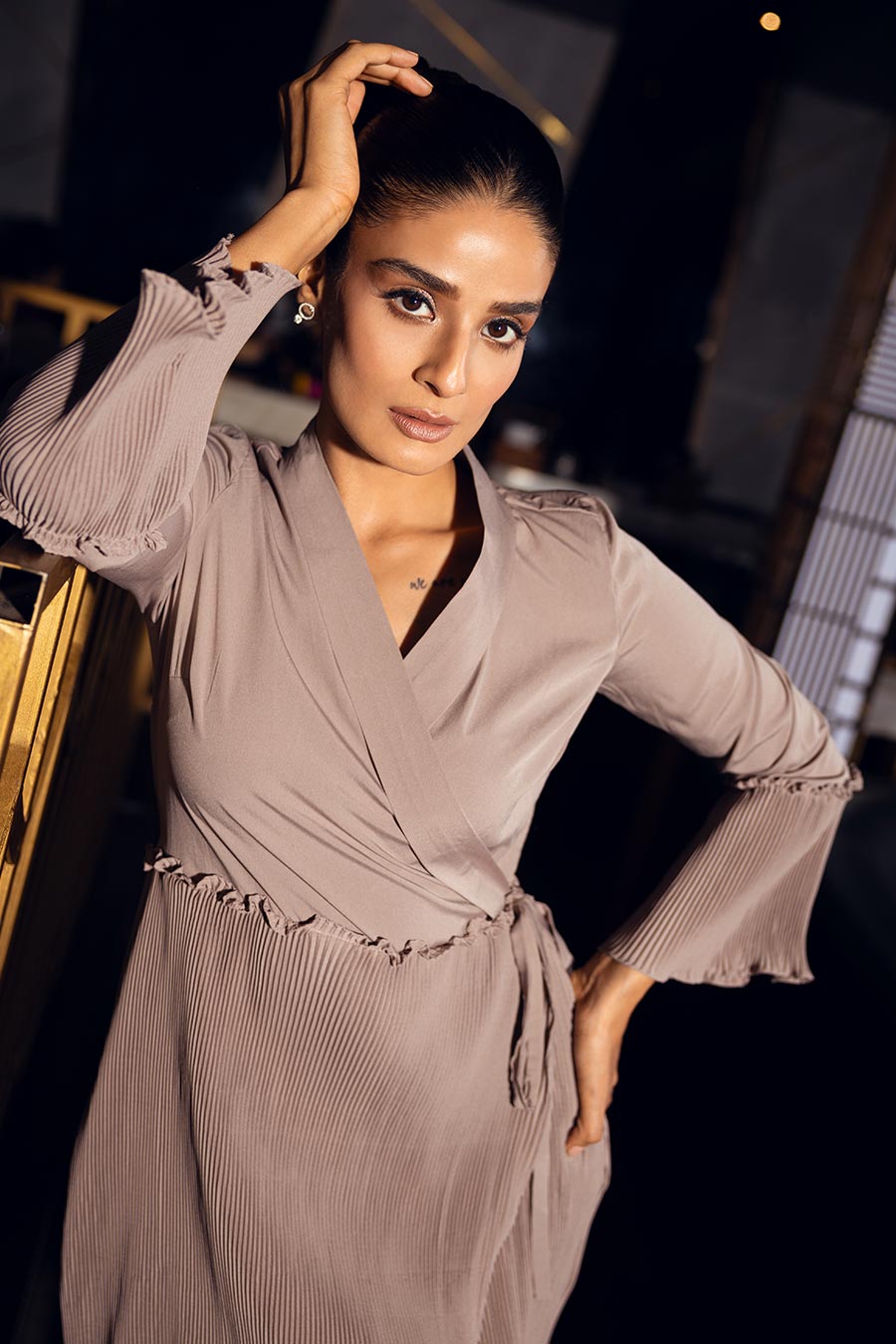 Beige Pleated Wrap Dress