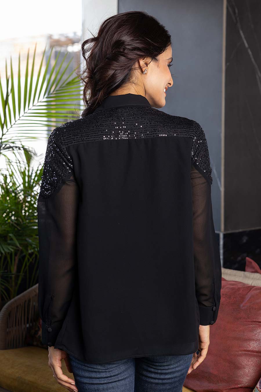 Black Sequins Embellished Top