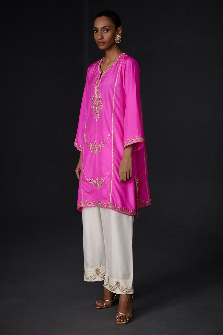 Pink Embroidered Kurta & White Pant Set