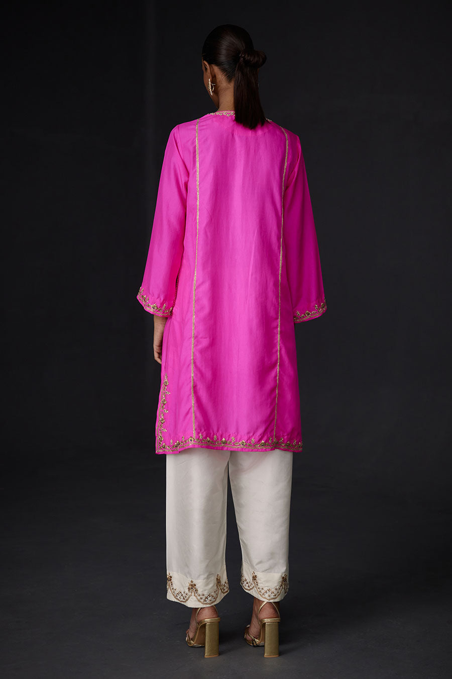 Pink Embroidered Kurta & White Pant Set