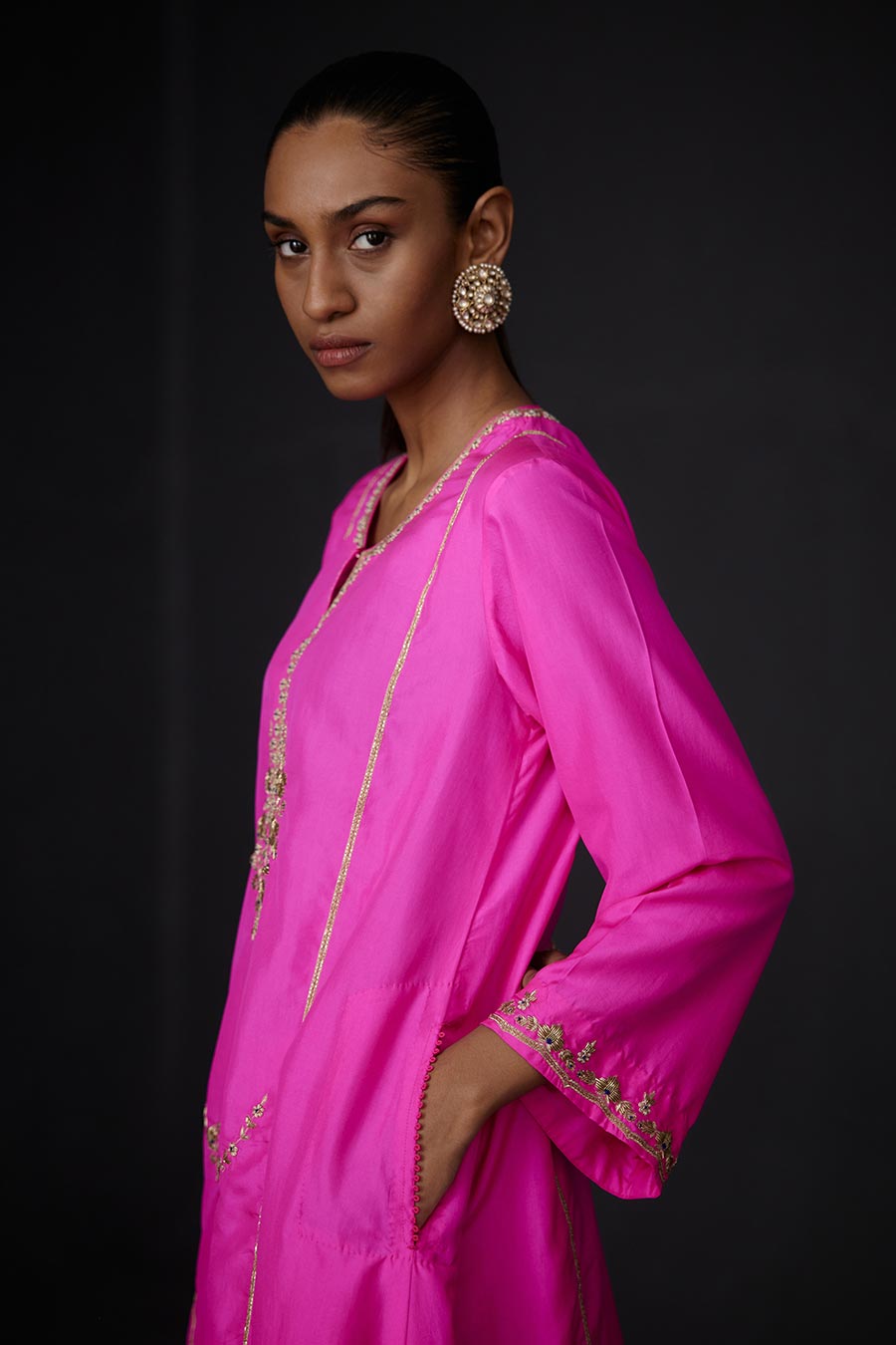 Pink Embroidered Kurta & White Pant Set