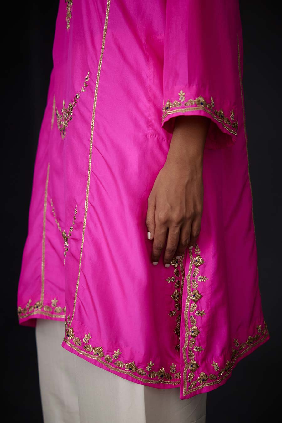 Pink Embroidered Kurta & White Pant Set