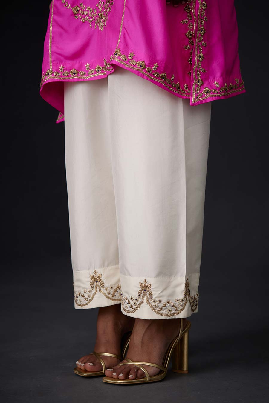 Pink Embroidered Kurta & White Pant Set