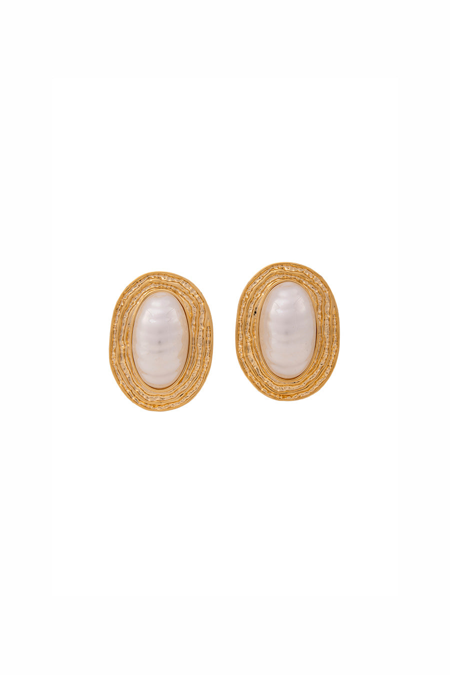 Gold Finish Pearl Oval Stud Earrings