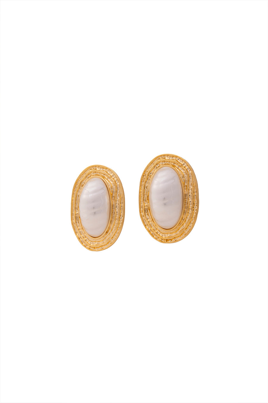 Gold Finish Pearl Oval Stud Earrings