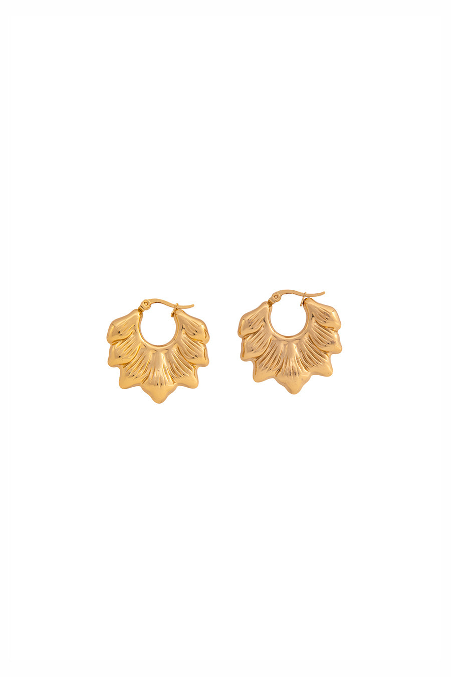 Gold Finish Textured leaf Hoops Earrings