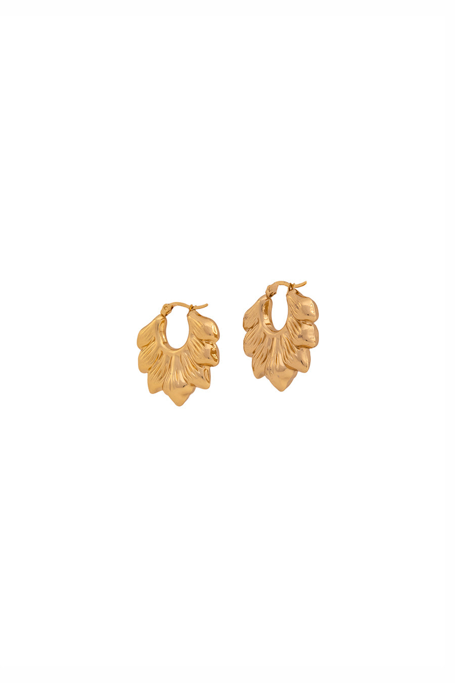 Gold Finish Textured leaf Hoops Earrings