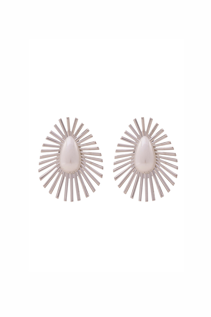 Silver Metallic Pearl Oval Stud Earrings