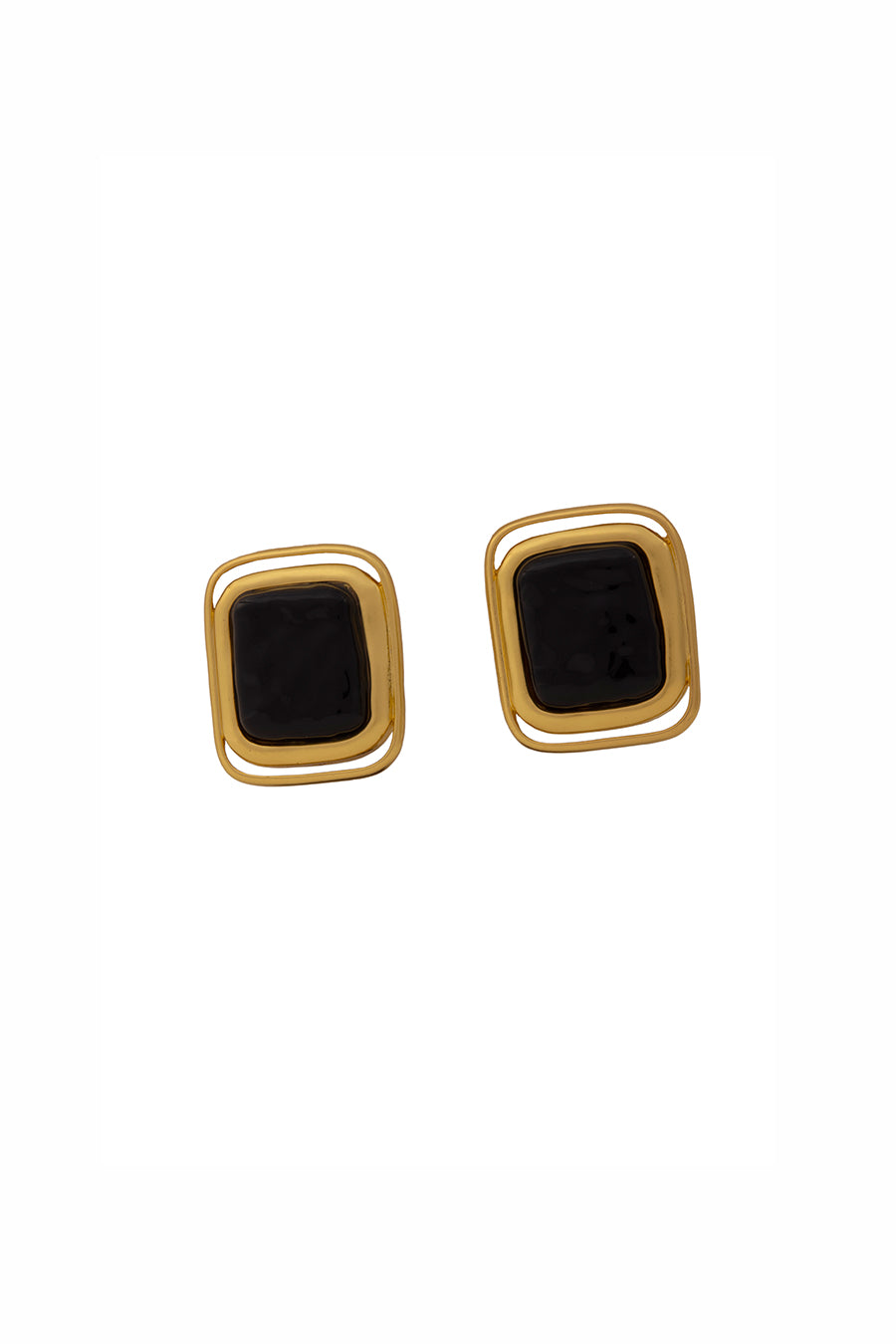 Gold Finish Black Rectangle Stud Earrings