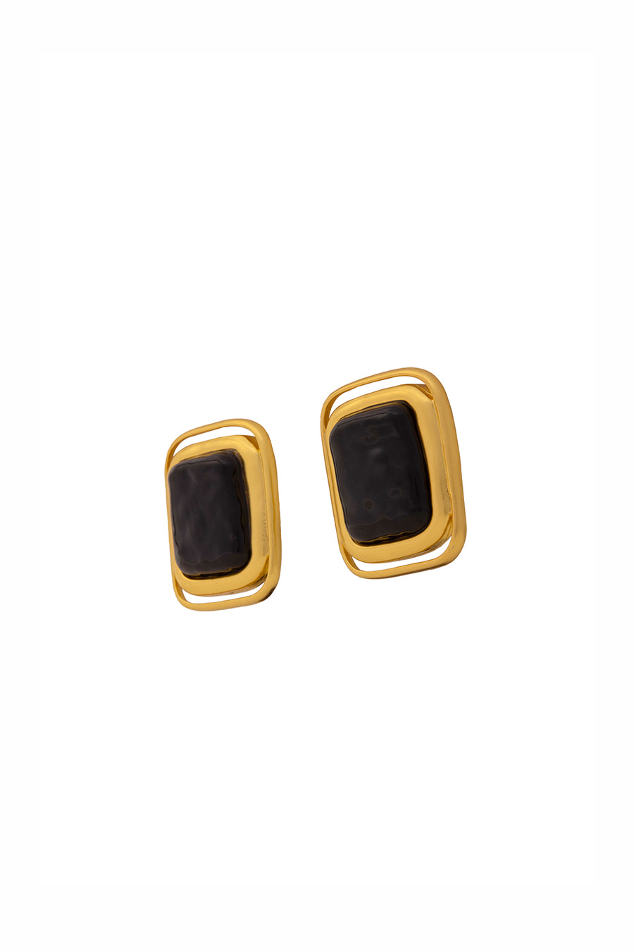 Gold Finish Black Rectangle Stud Earrings