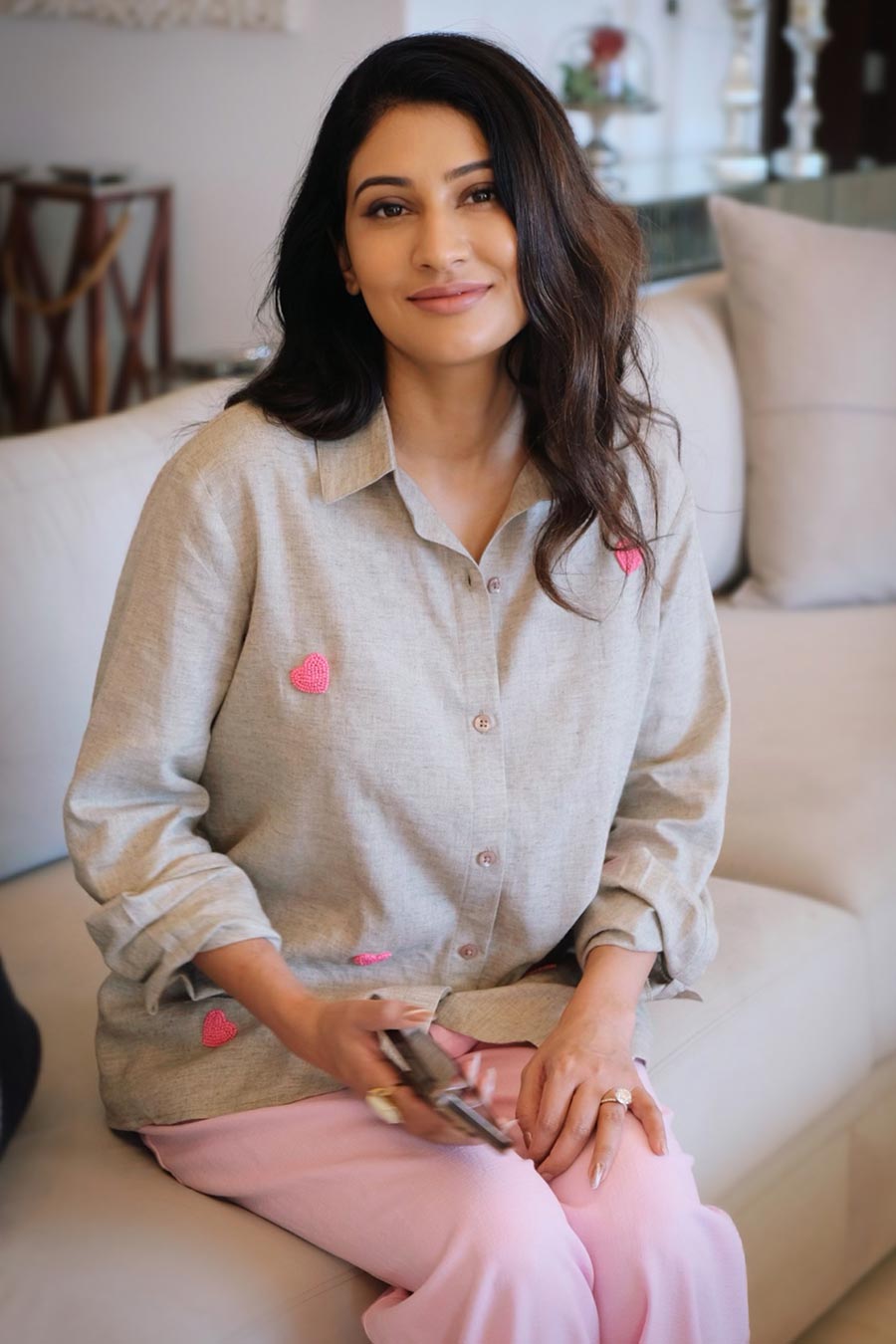 Beige Embroidered Heart Shirt