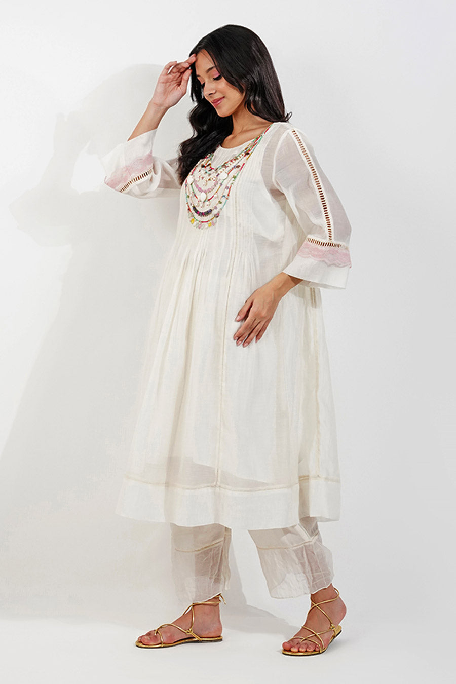 Ivory Embellished Pleated Tunic Set