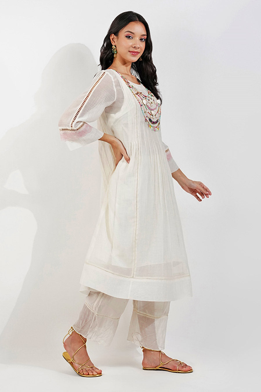 Ivory Embellished Pleated Tunic Set