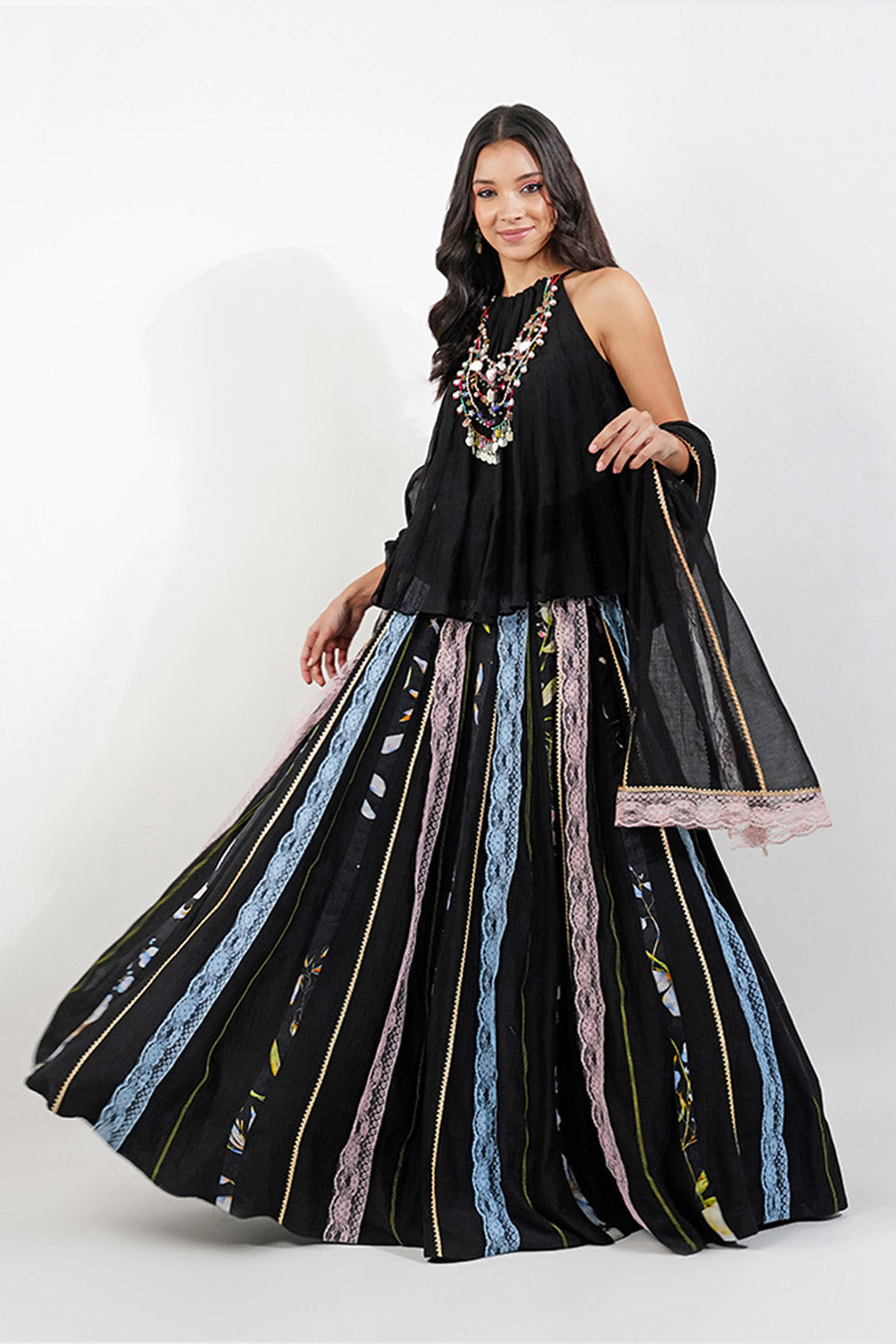 Black Summer Floral Embellished Lehenga Set