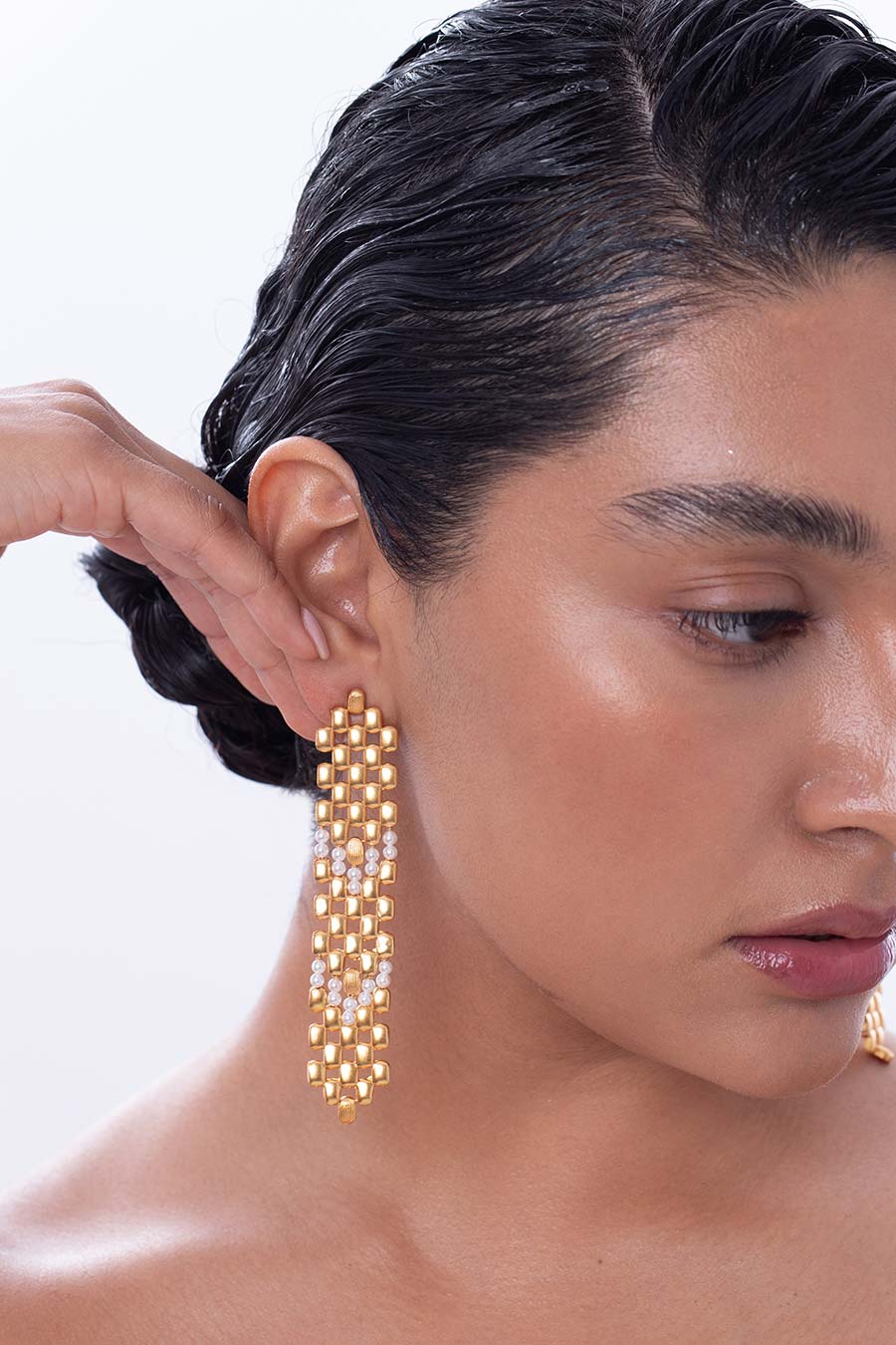 Gold Pearly Rain Dangler Earrings