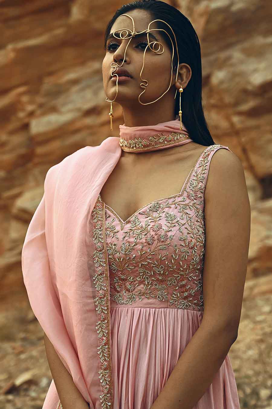 Pink Embroidered Anarkali With Dupatta