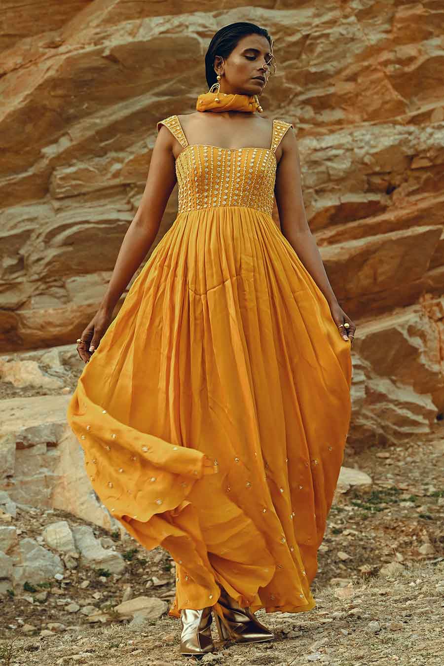 Yellow Embroidered Anarkali With Dupatta