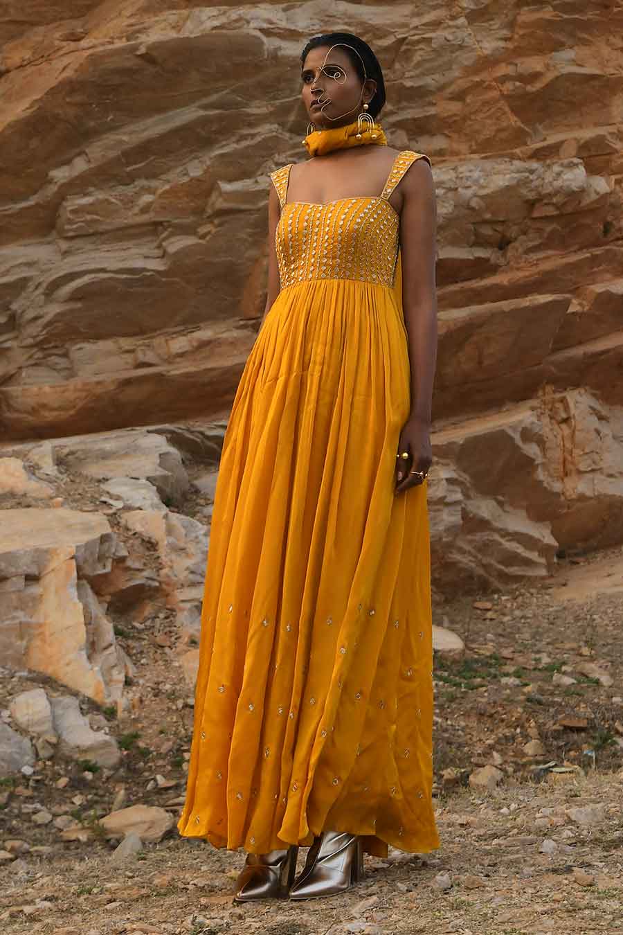 Yellow Embroidered Anarkali With Dupatta