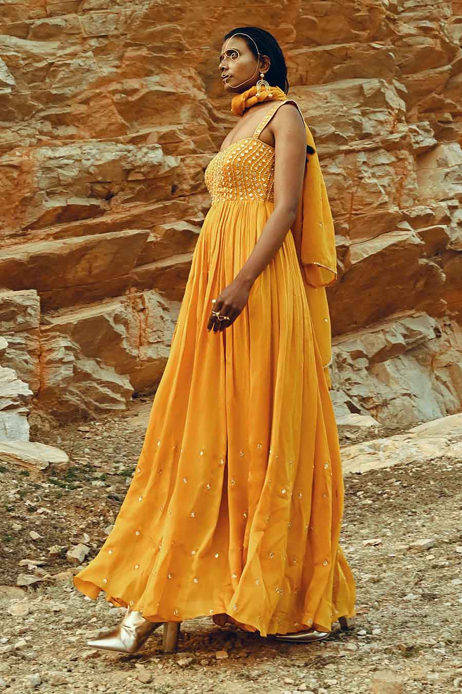 Yellow Embroidered Anarkali With Dupatta