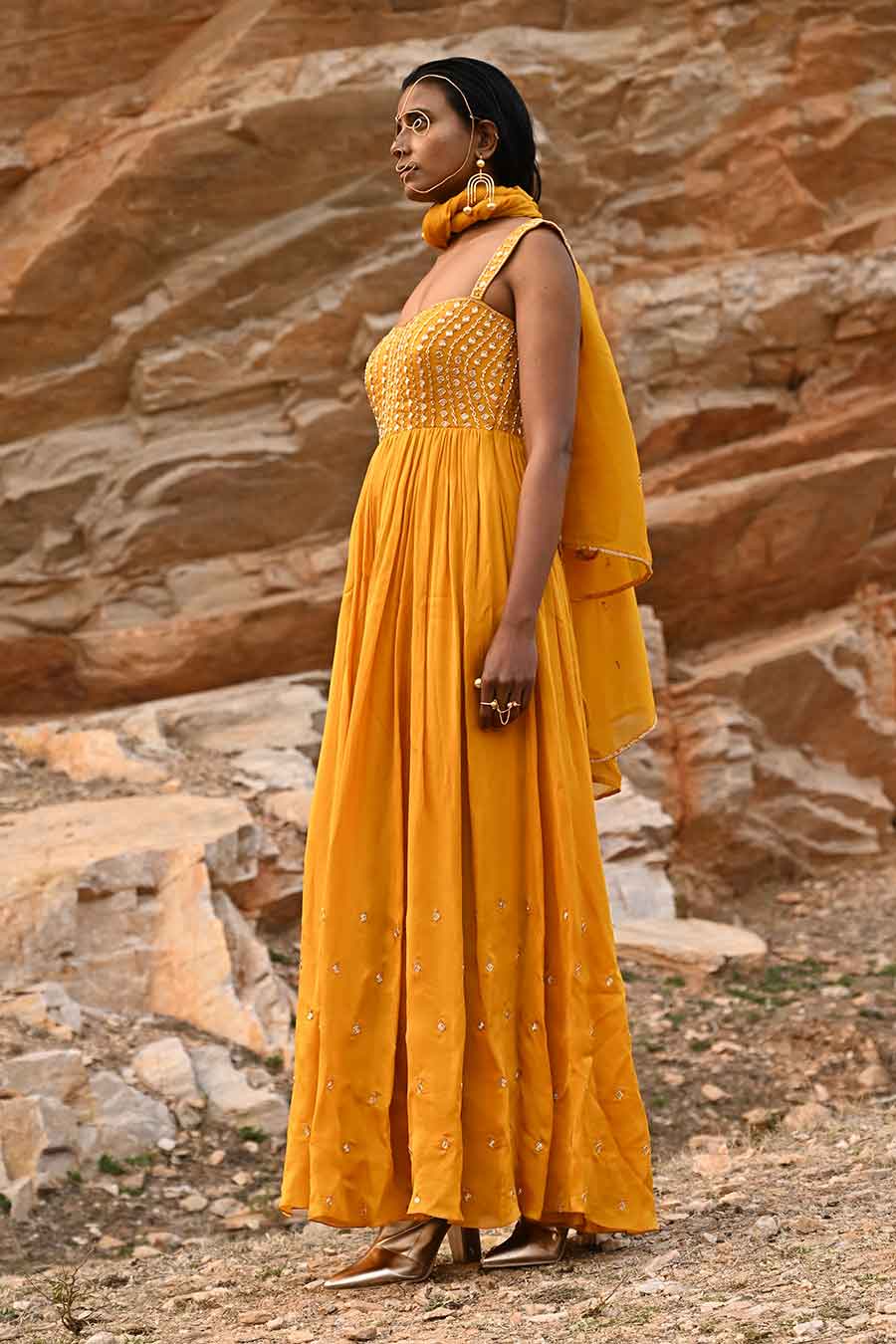 Yellow Embroidered Anarkali With Dupatta