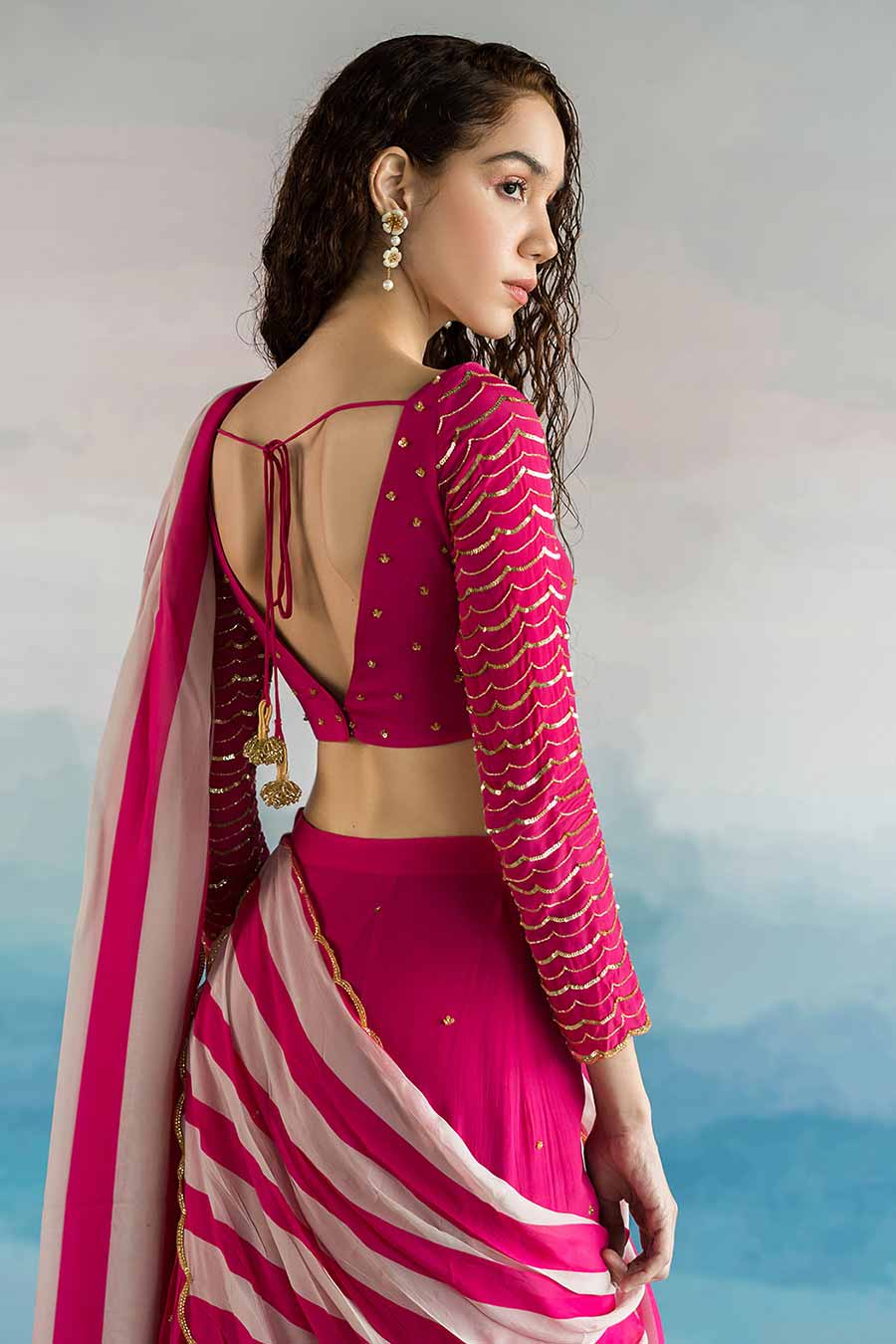 Pink Striped Palazzo Saree With Blouse