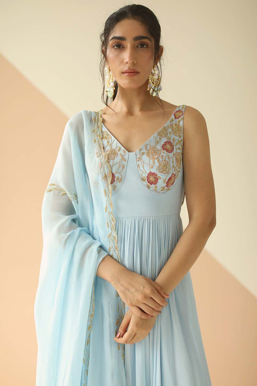 Powder Blue Embroidered Anarkali With Dupatta