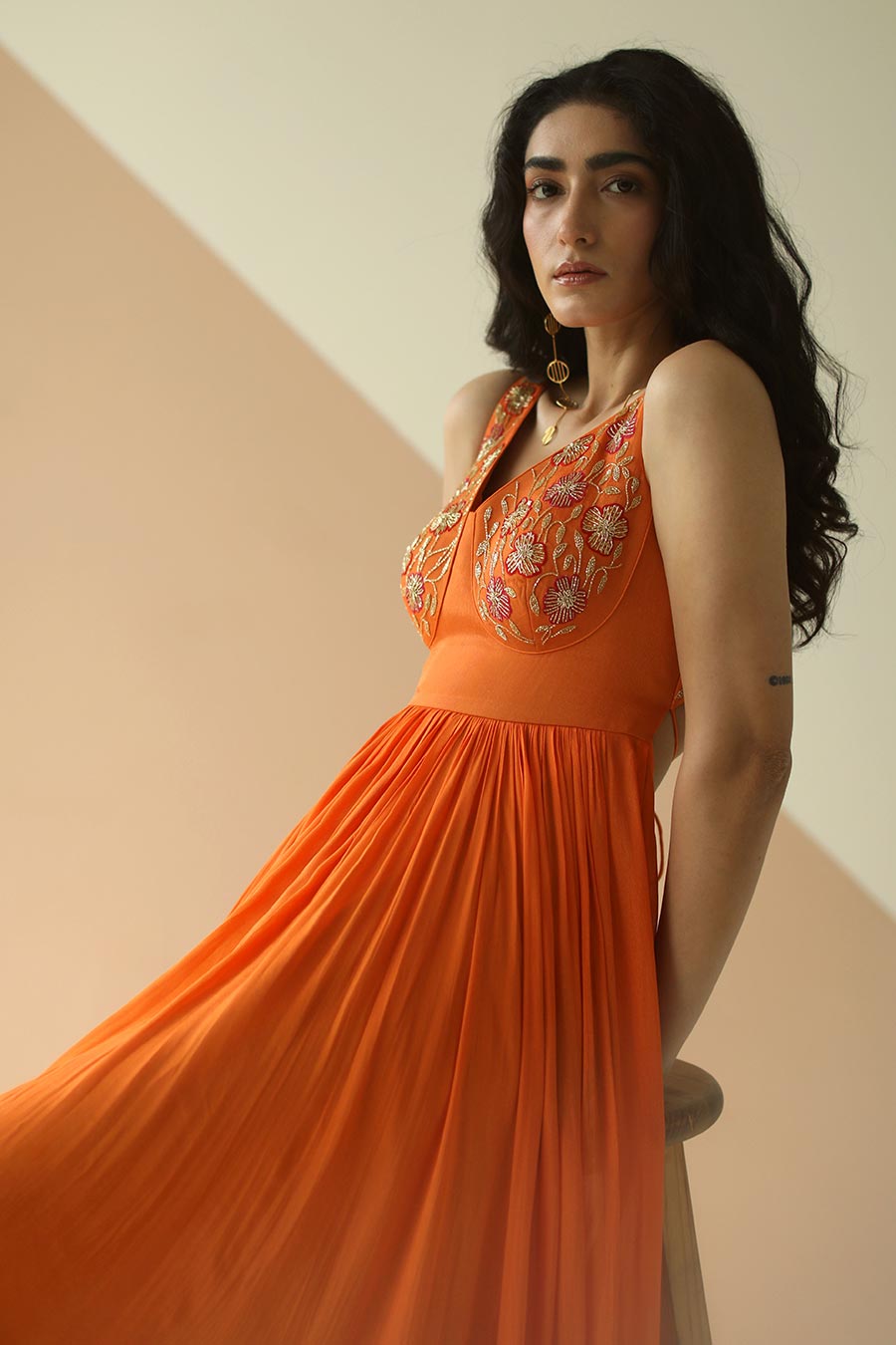 Orange Embroidered Anarkali With Dupatta