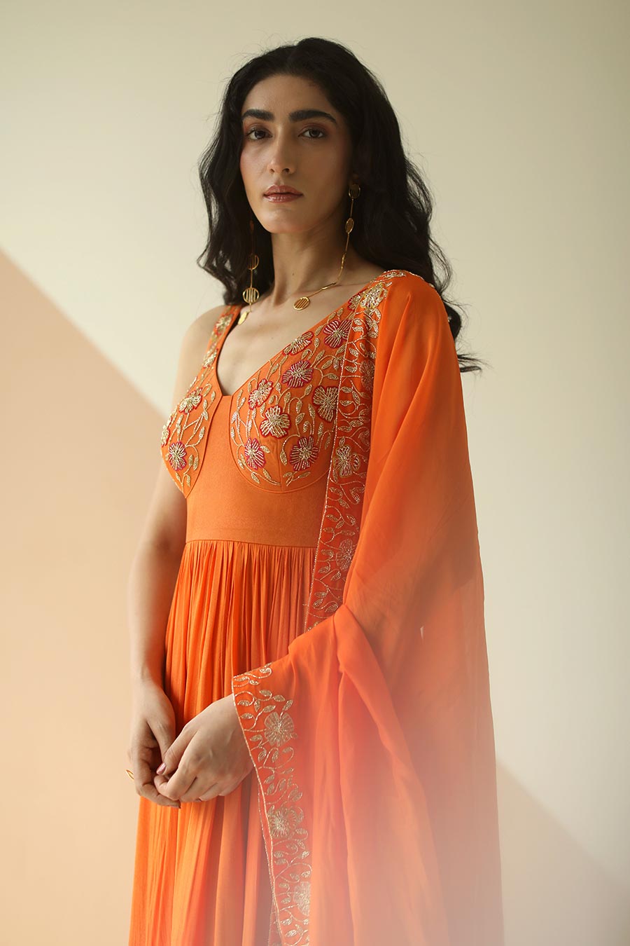 Orange Embroidered Anarkali With Dupatta