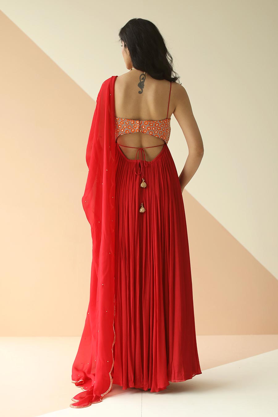 Red Embroidered Anarkali With Scallop Dupatta