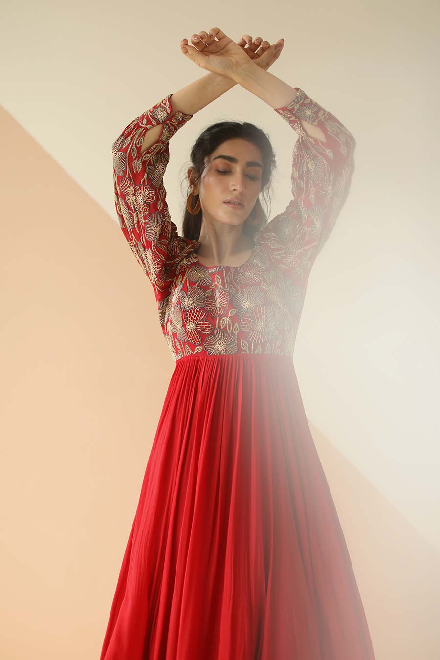 Red Heavy Yoke Embroidered Anarkali With Dupatta