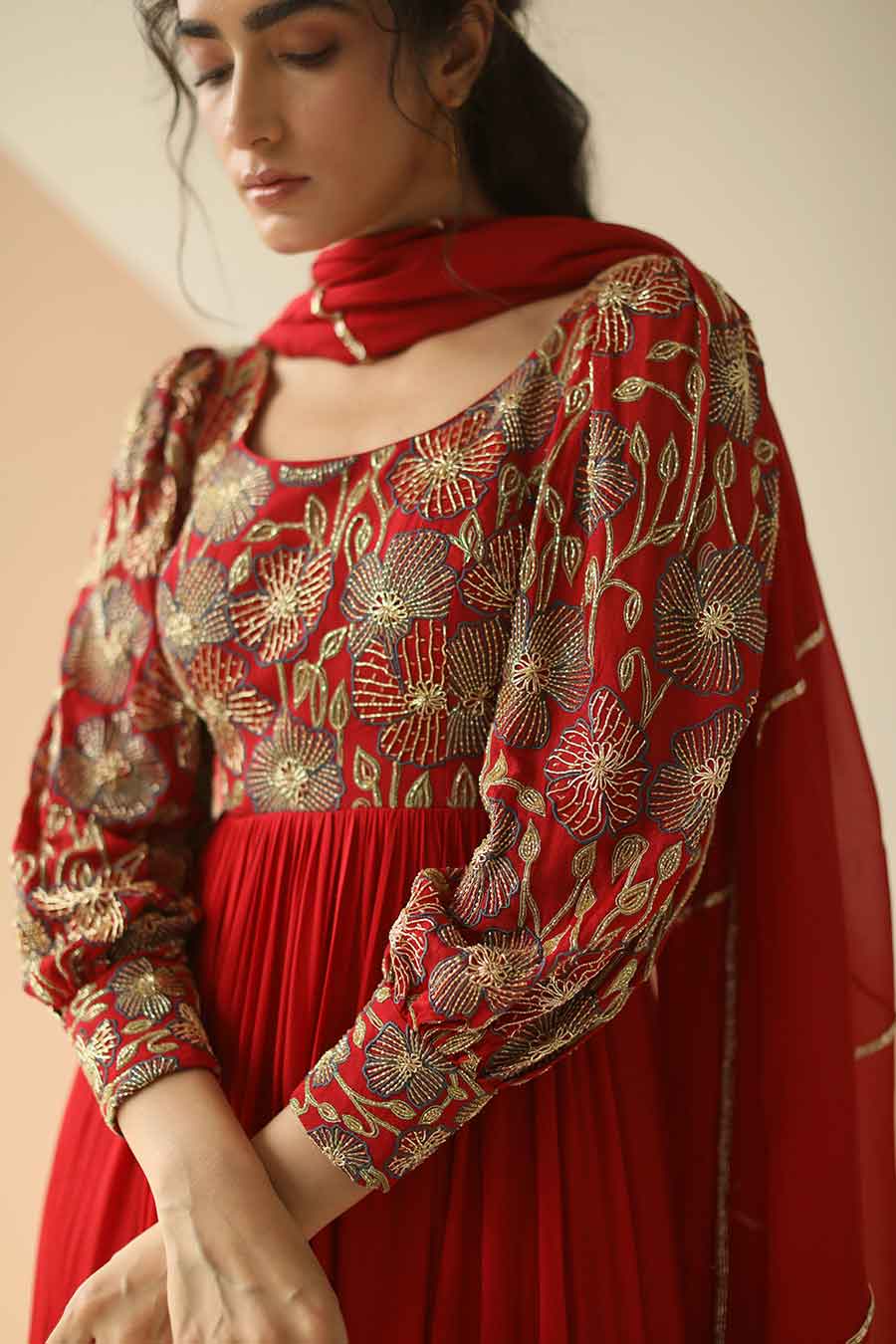 Red Heavy Yoke Embroidered Anarkali With Dupatta