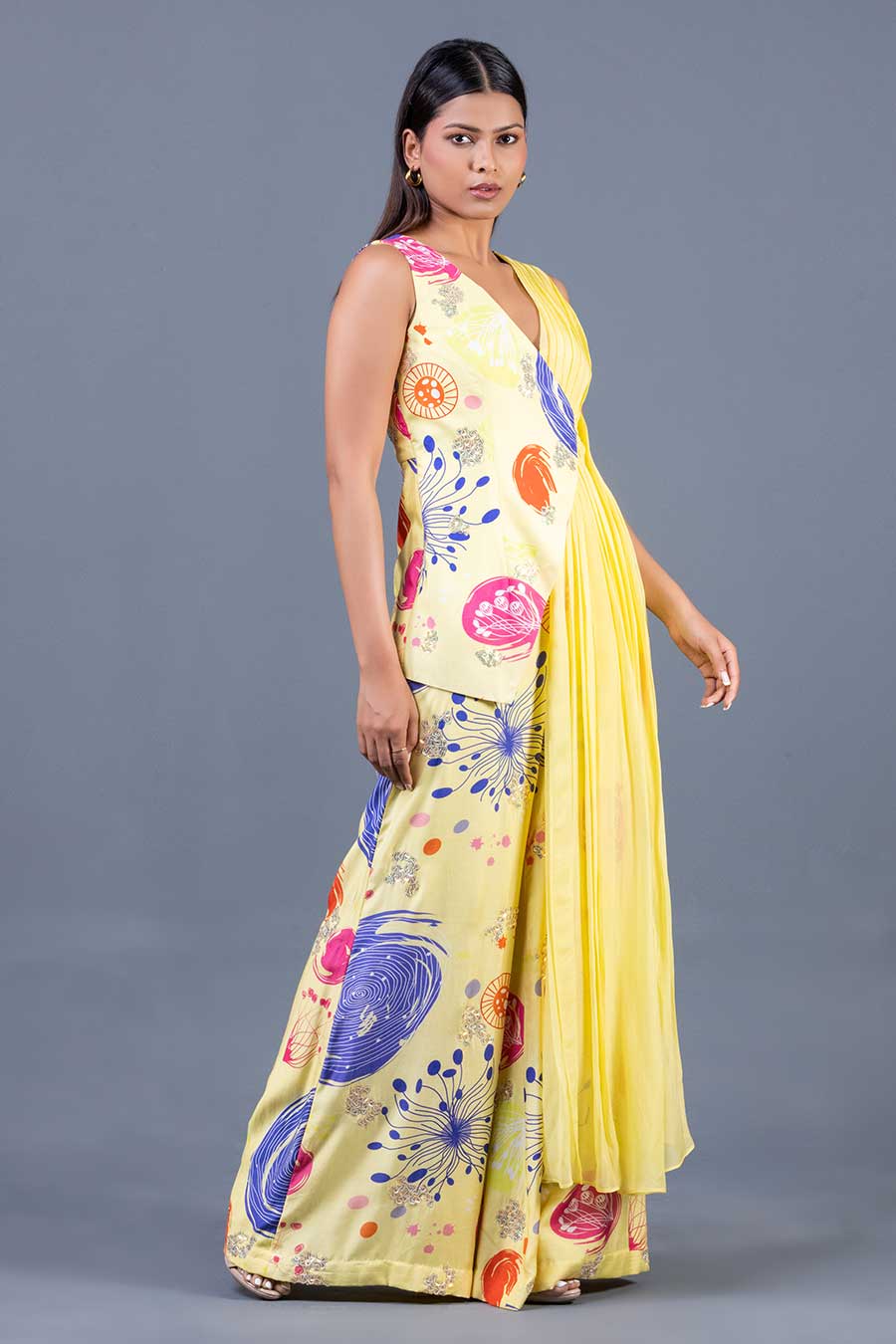 Yellow Gorgonian Printed Overlap Jumpsuit