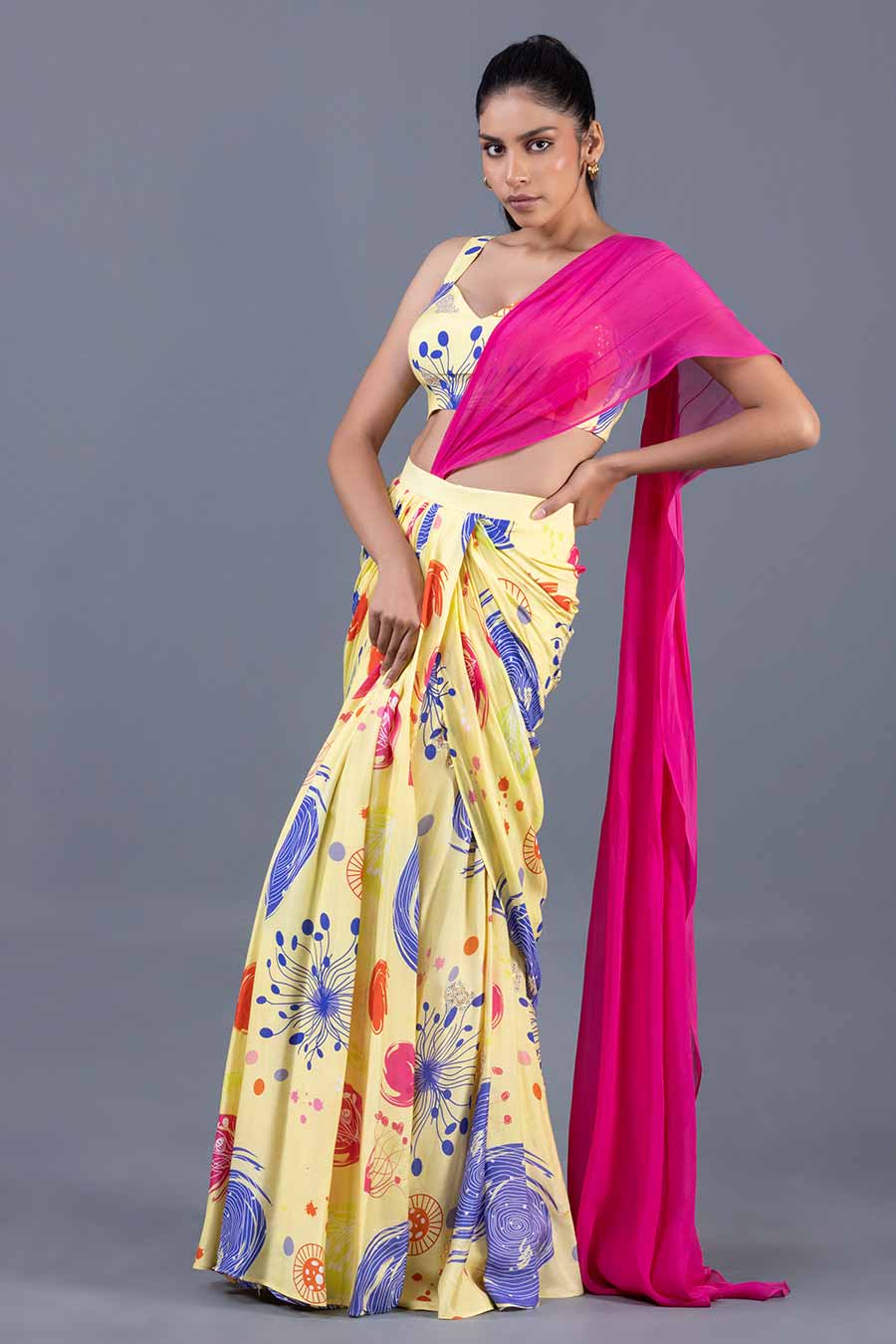 Yellow Sea Whip Printed Pre-Drape Saree Set