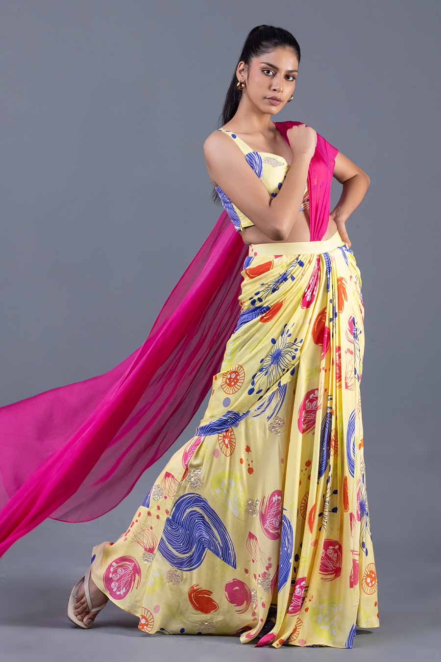 Yellow Sea Whip Printed Pre-Drape Saree Set