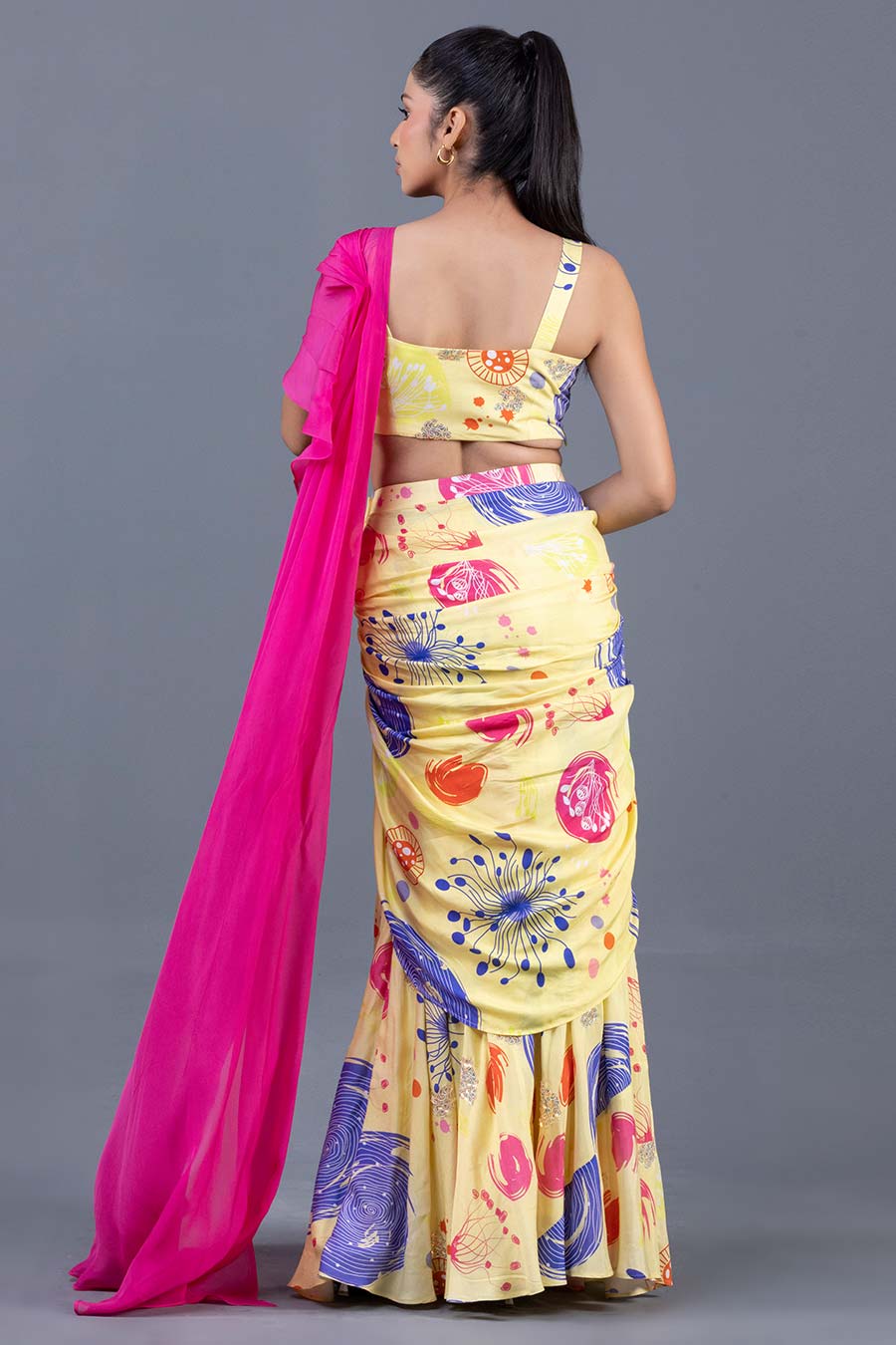 Yellow Sea Whip Printed Pre-Drape Saree Set