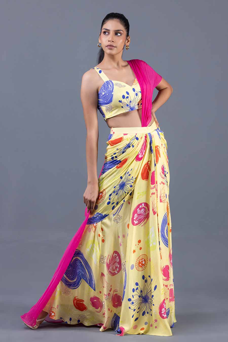 Yellow Sea Whip Printed Pre-Drape Saree Set