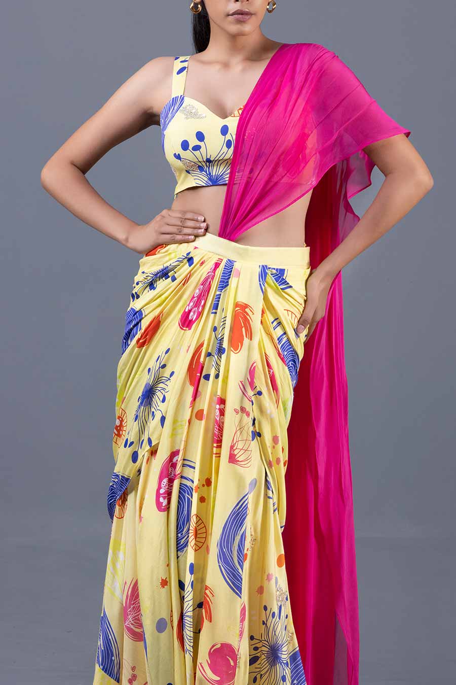 Yellow Sea Whip Printed Pre-Drape Saree Set