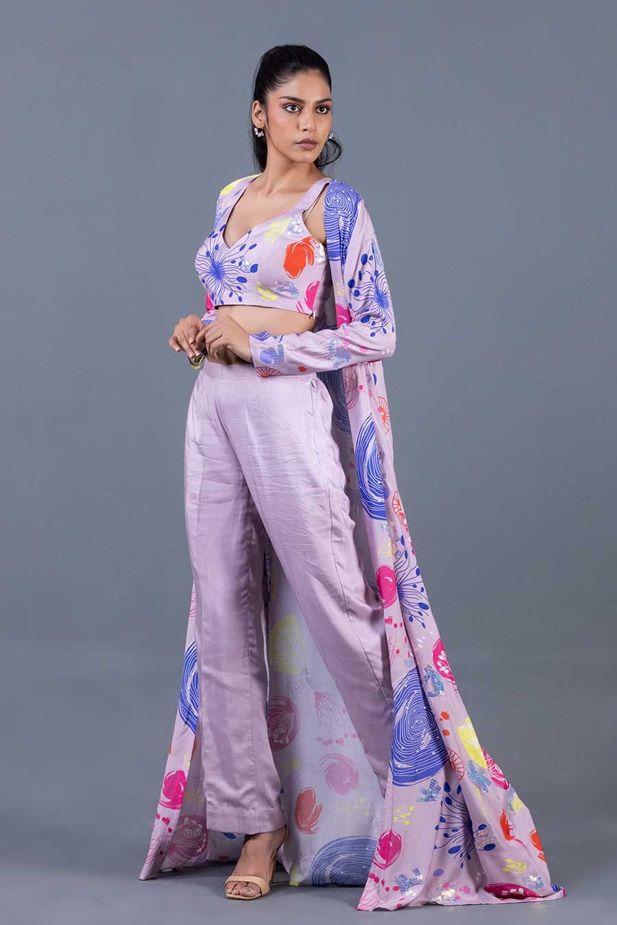 Lilac Anemone Printed Bralette, Pant & Jacket Co-Ord Set