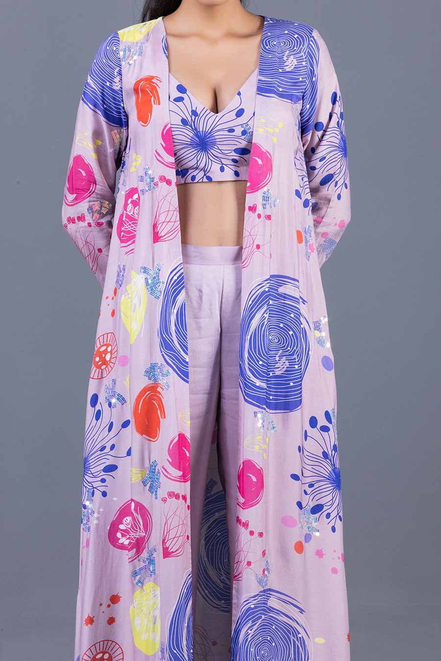 Lilac Anemone Printed Bralette, Pant & Jacket Co-Ord Set