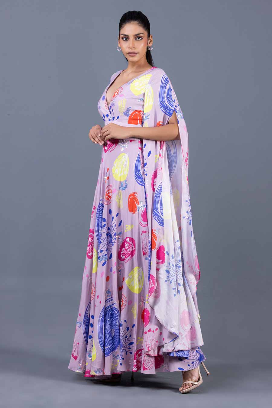 Lilac Sea Fan Printed Cape Gown