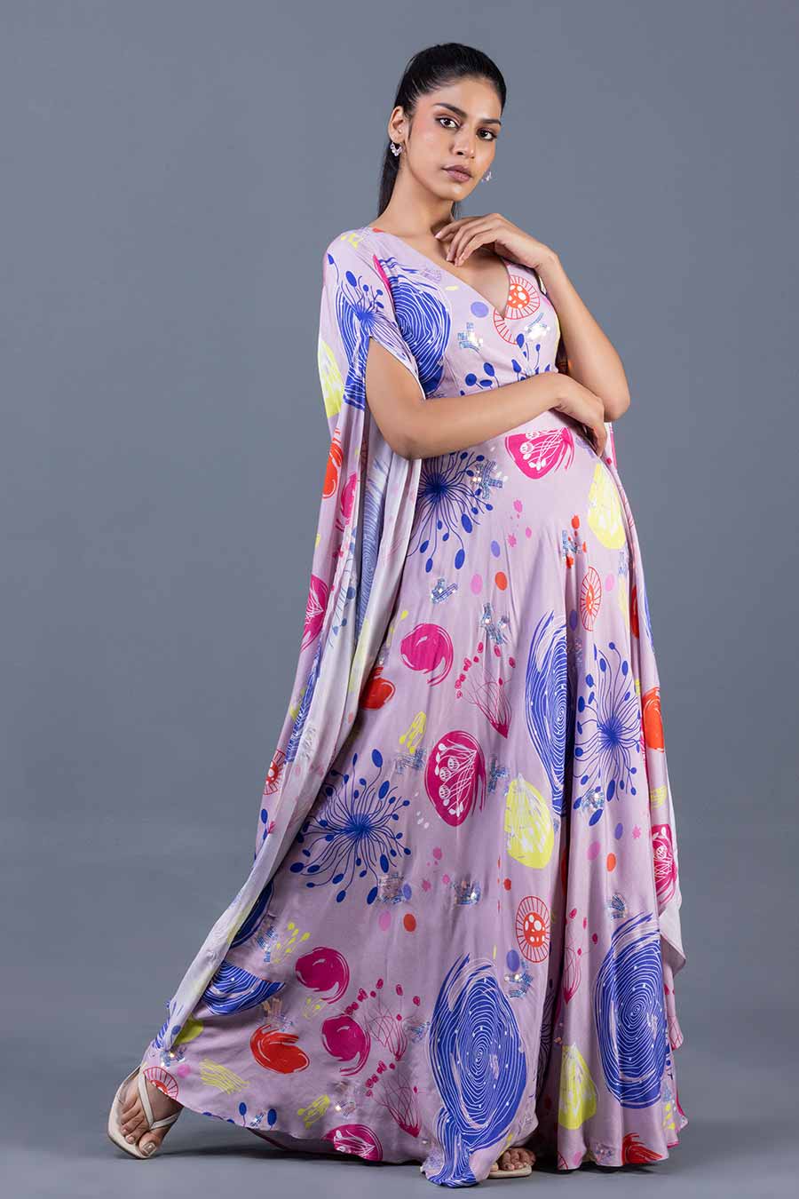 Lilac Sea Fan Printed Cape Gown