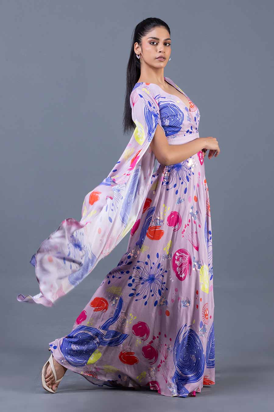 Lilac Sea Fan Printed Cape Gown