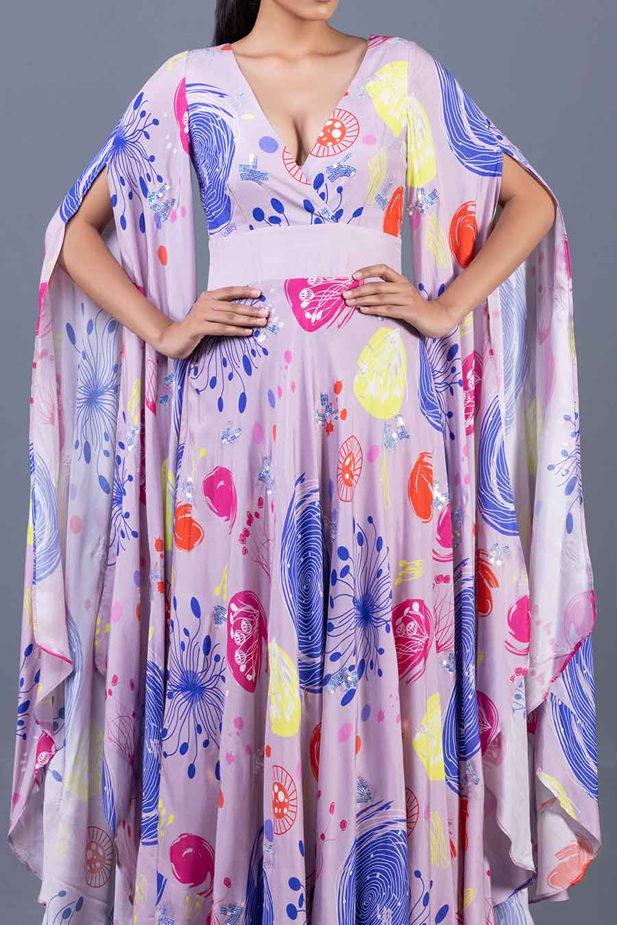 Lilac Sea Fan Printed Cape Gown