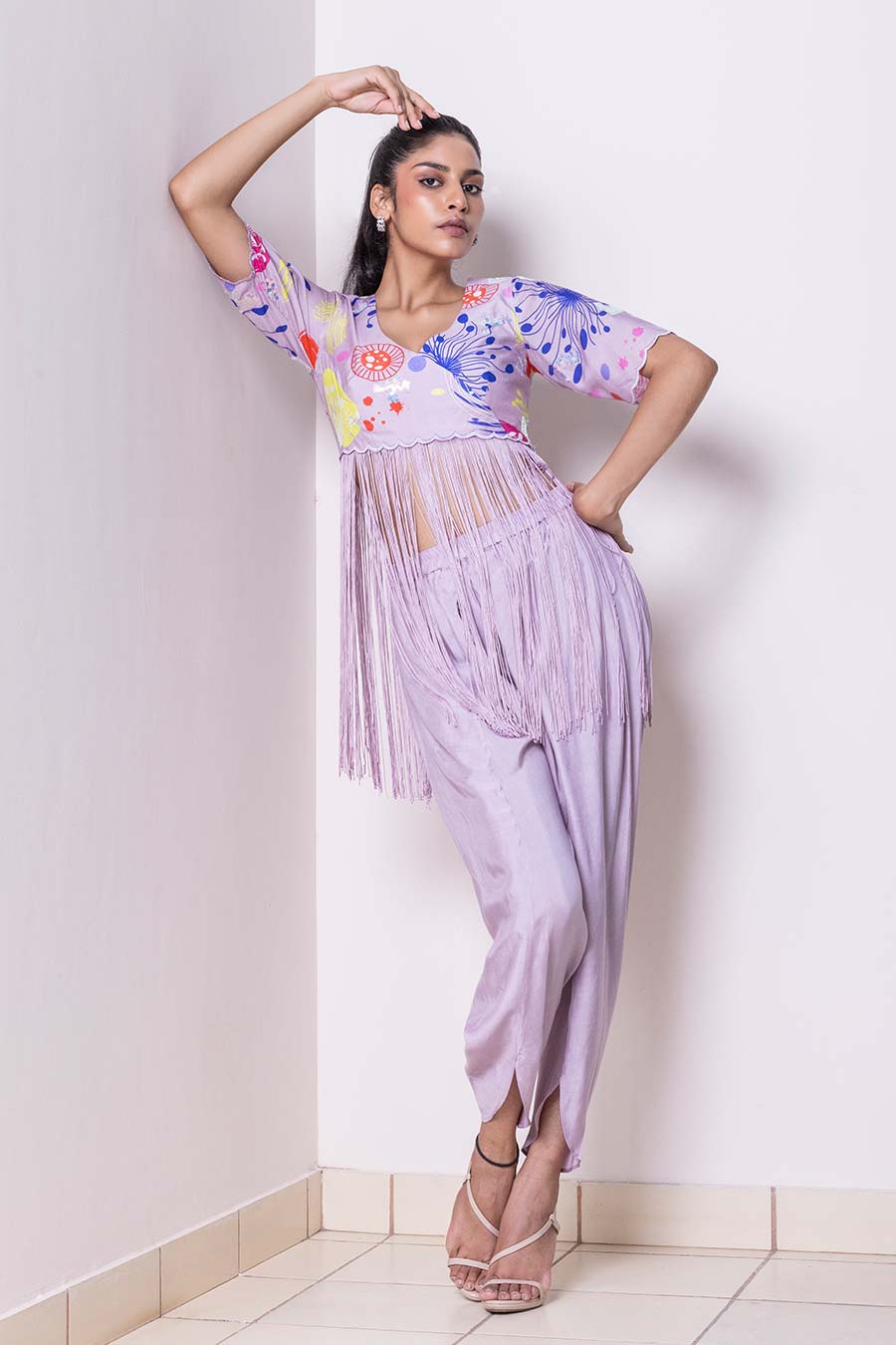 Lilac Branched Fringe Top & Dhoti Pant Co-Ord Set