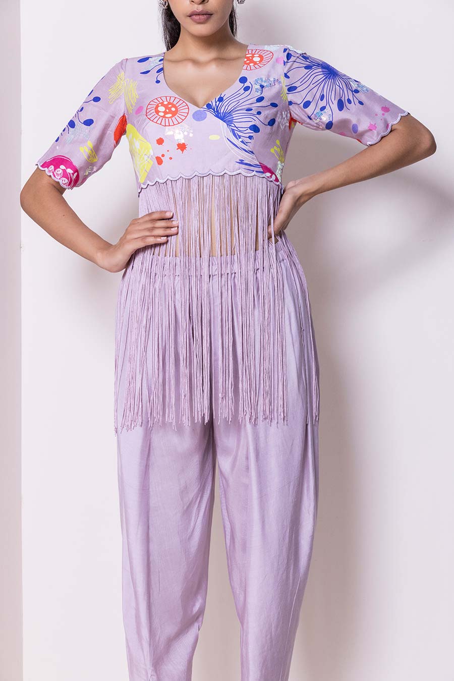 Lilac Branched Fringe Top & Dhoti Pant Co-Ord Set