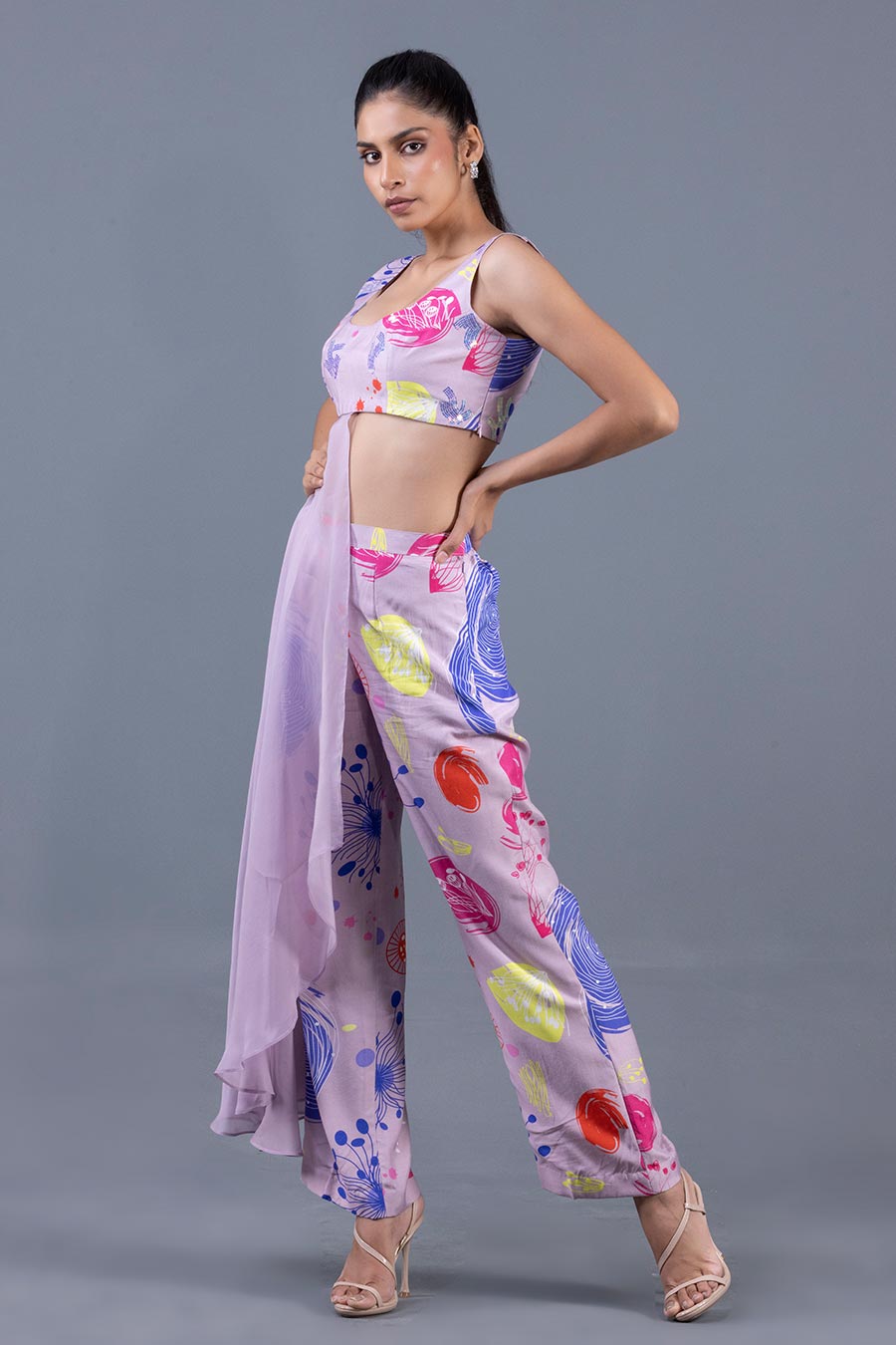 Lilac Printed Drape Crop Top & Pant Co-Ord Set