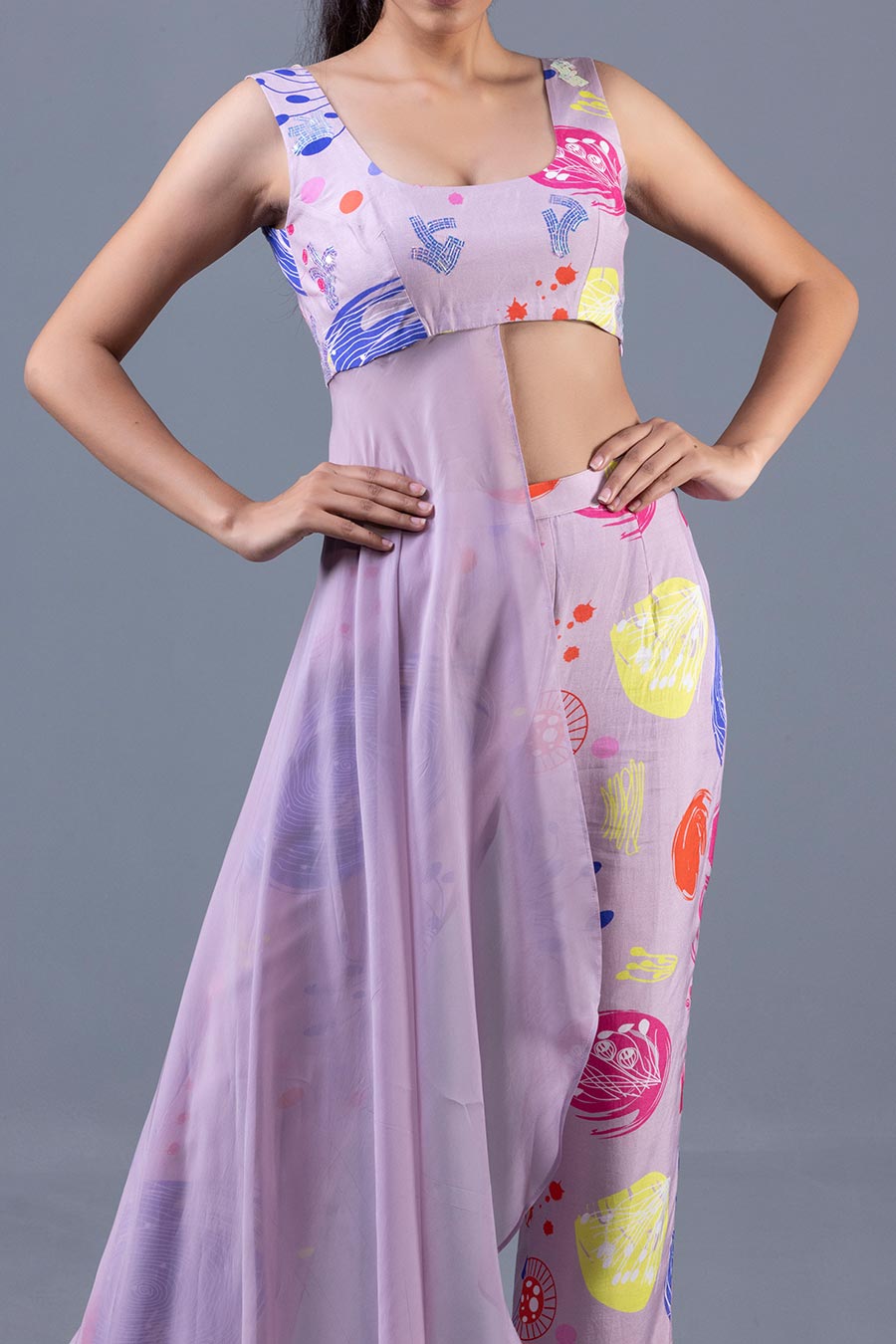 Lilac Printed Drape Crop Top & Pant Co-Ord Set