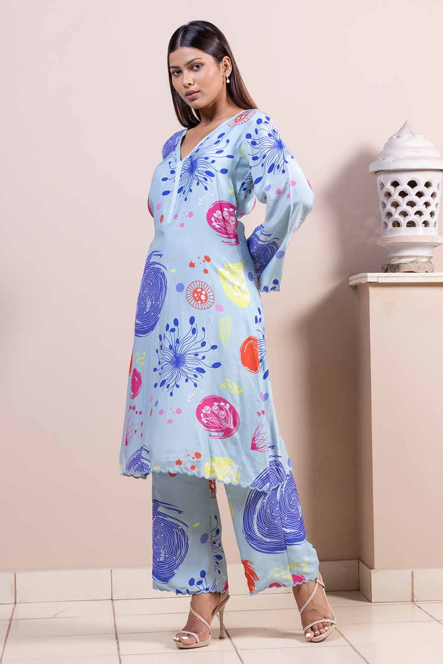 Blue Printed Scalloped Kurta & Pant Set