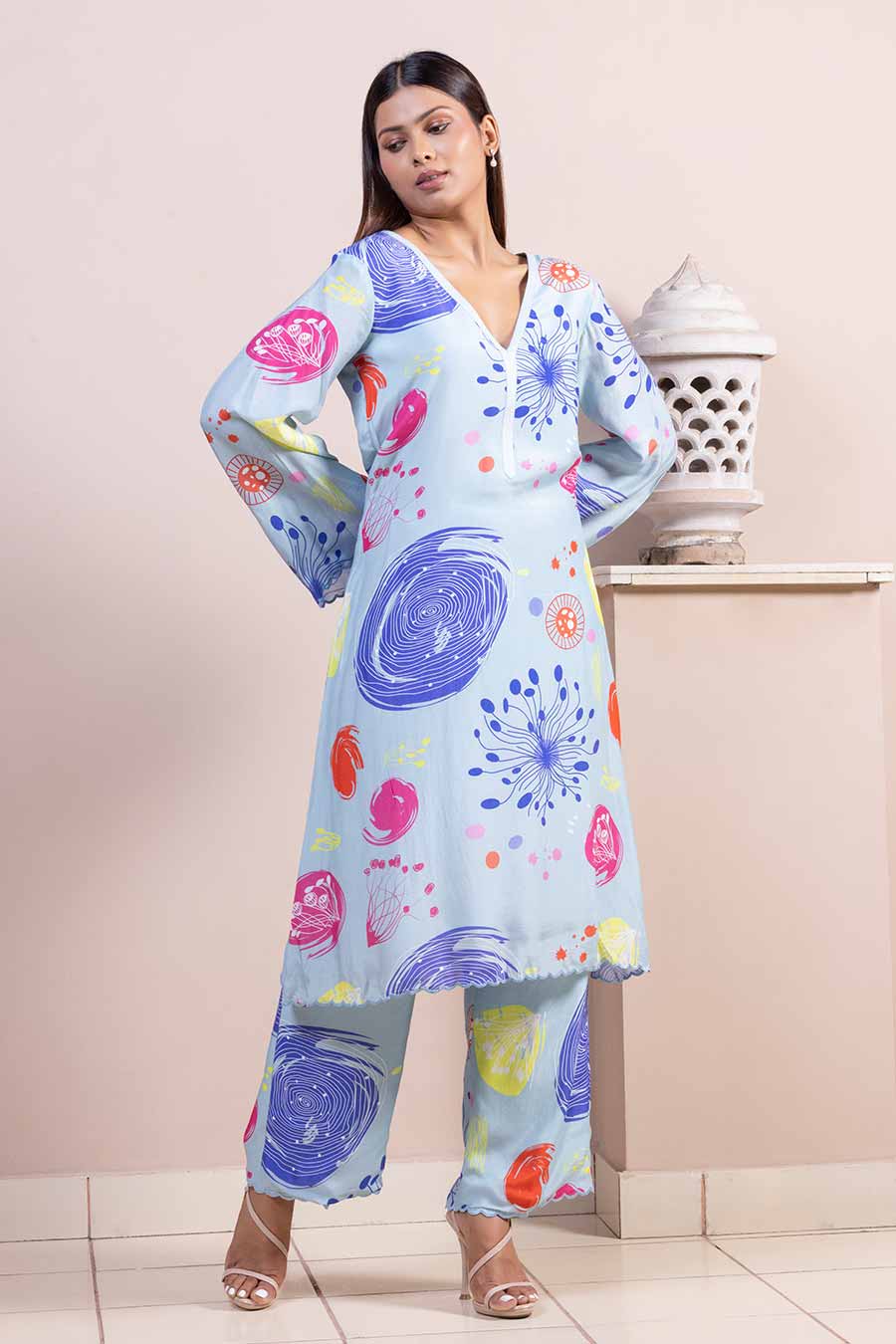 Blue Printed Scalloped Kurta & Pant Set