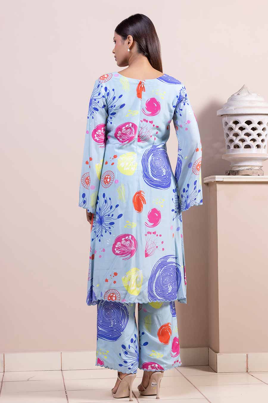 Blue Printed Scalloped Kurta & Pant Set